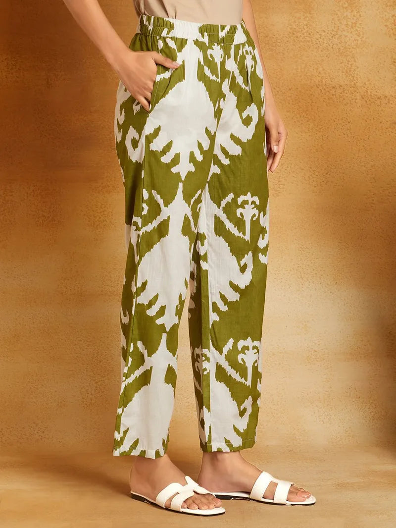 Mehndi Green Printed Cotton Kurta with Pants- Set of 2