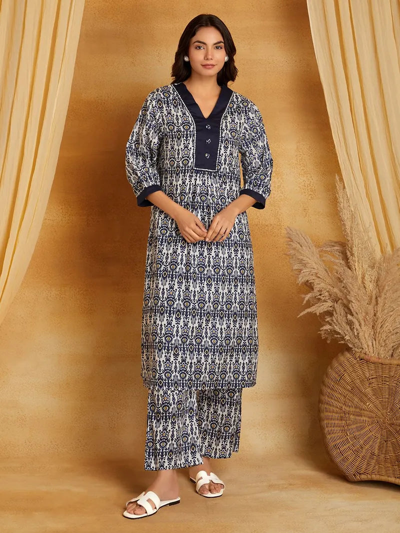 Navy Blue Printed Cotton Kurta with Pants- Set of 2