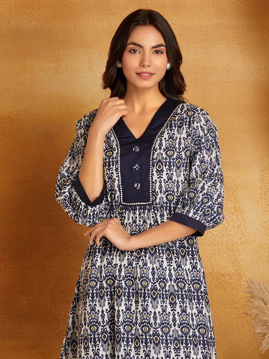 Navy Blue Printed Cotton Kurta with Pants- Set of 2