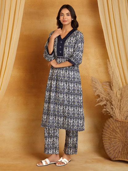 Navy Blue Printed Cotton Kurta with Pants- Set of 2