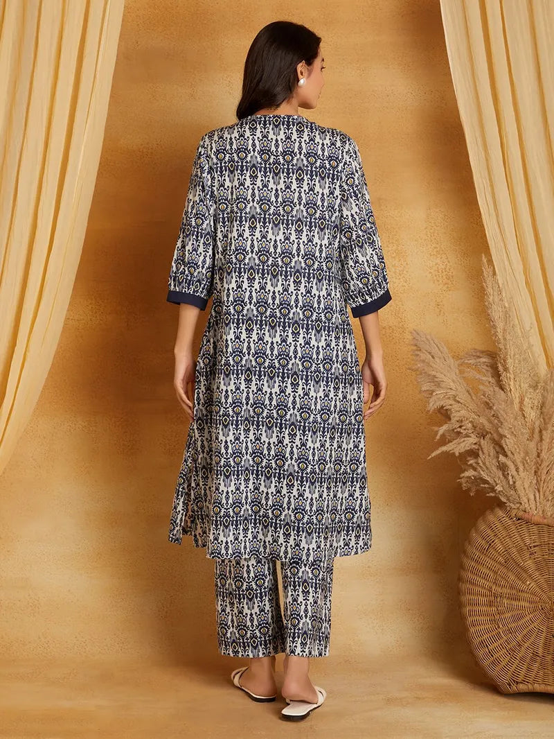 Navy Blue Printed Cotton Kurta with Pants- Set of 2