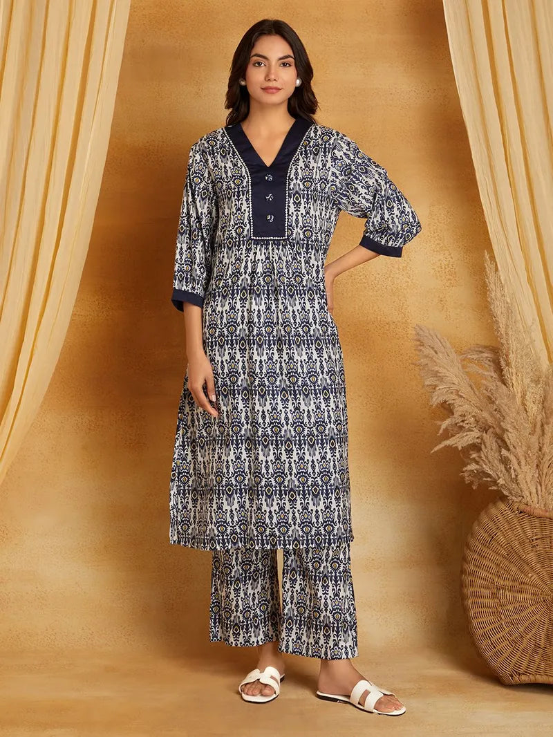 Navy Blue Printed Cotton Kurta with Pants- Set of 2