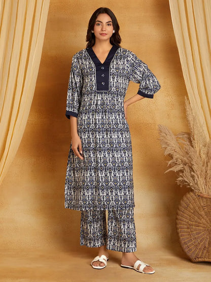 Navy Blue Printed Cotton Kurta with Pants- Set of 2