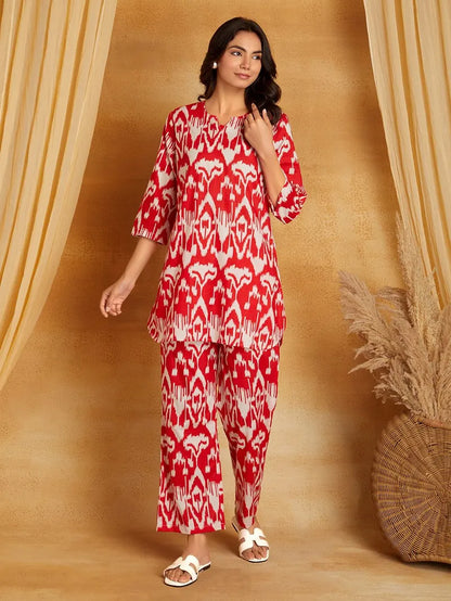 Red Printed Cotton Kurta with Pants- Set of 2