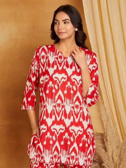 Red Printed Cotton Kurta with Pants- Set of 2