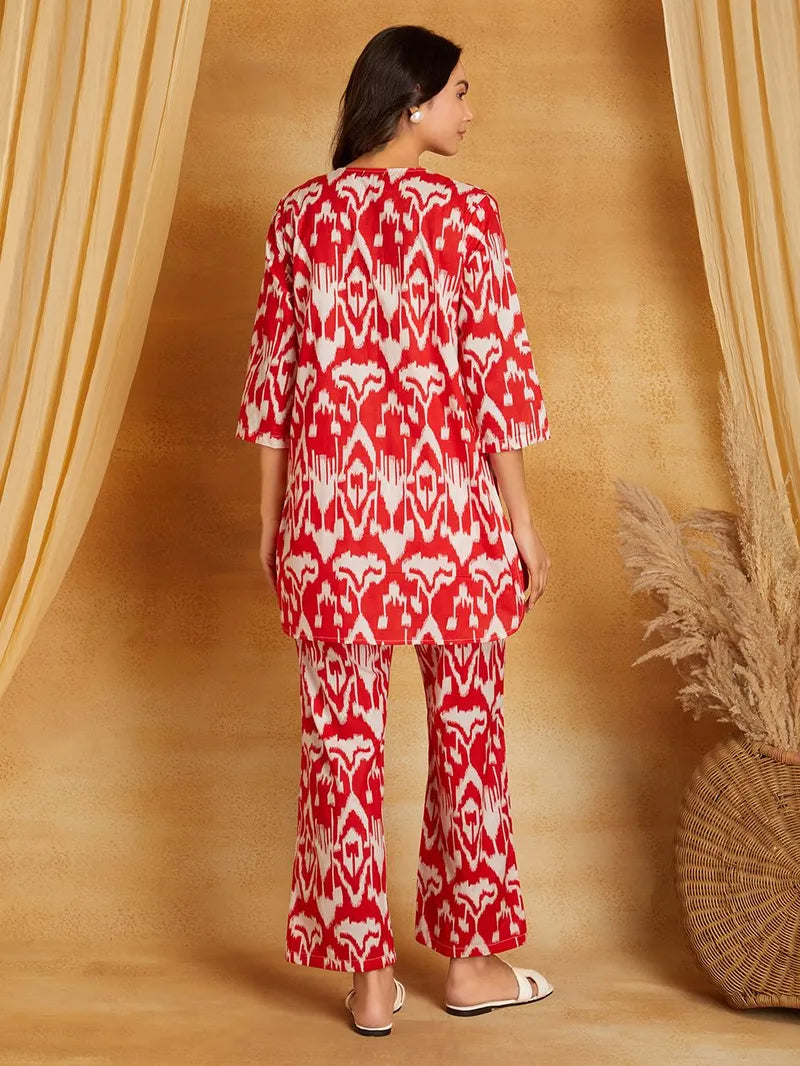 Red Printed Cotton Kurta with Pants- Set of 2