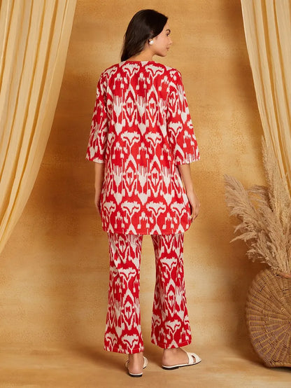 Red Printed Cotton Kurta with Pants- Set of 2