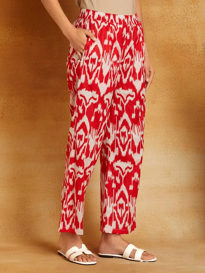 Red Printed Cotton Kurta with Pants- Set of 2