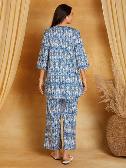 Blue Printed Cotton Kurta with Pants- Set of 2