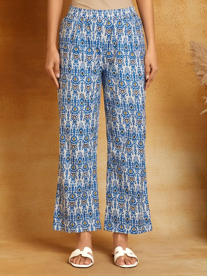 Blue Printed Cotton Kurta with Pants- Set of 2