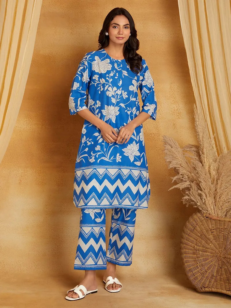Blue Printed Cotton Kurta with Pants- Set of 2
