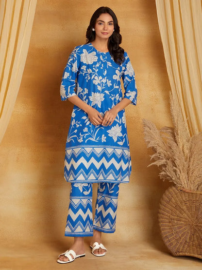 Blue Printed Cotton Kurta with Pants- Set of 2