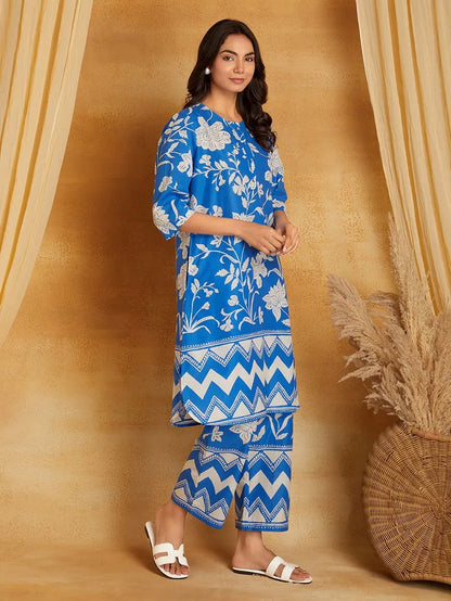 Blue Printed Cotton Kurta with Pants- Set of 2