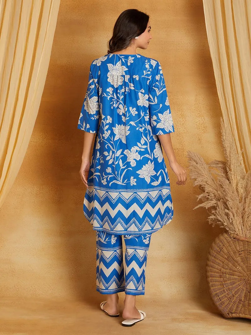 Blue Printed Cotton Kurta with Pants- Set of 2