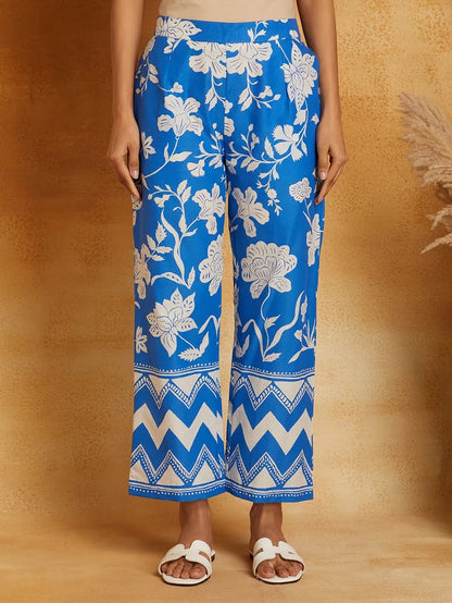 Blue Printed Cotton Kurta with Pants- Set of 2