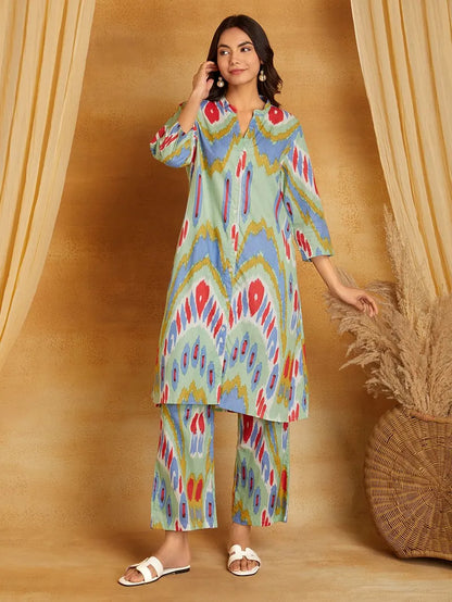Multicolor Printed Cotton Kurta with Pants- Set of 2