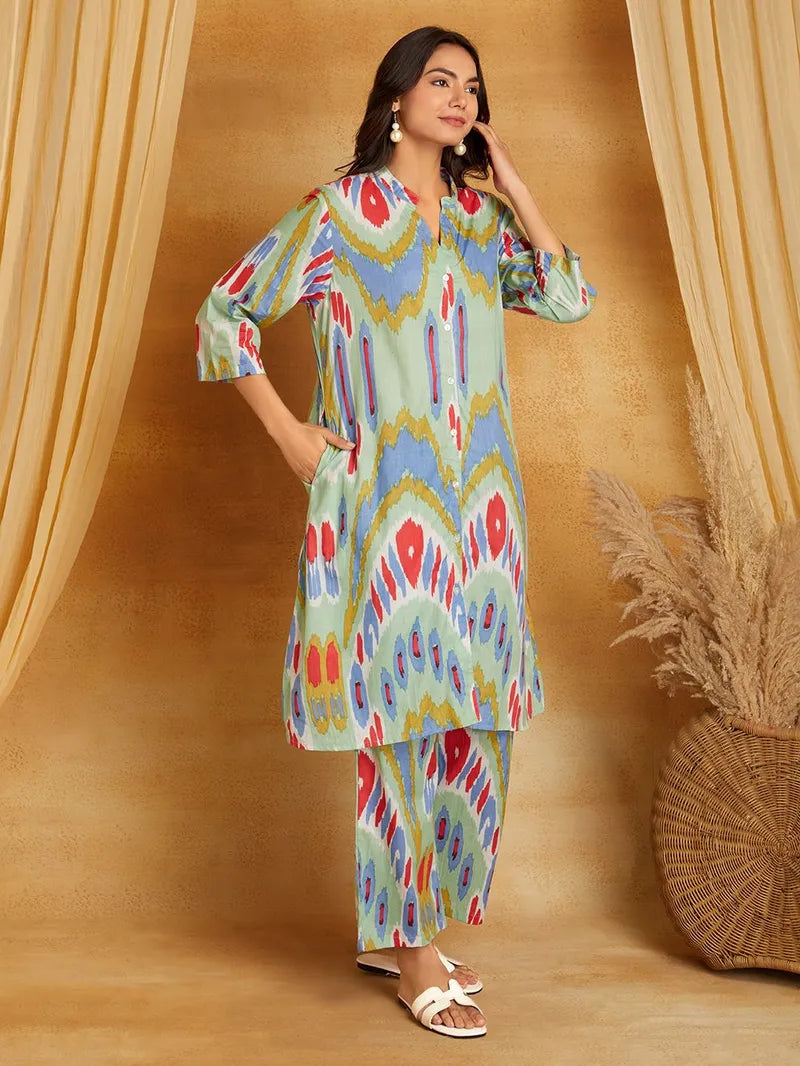 Multicolor Printed Cotton Kurta with Pants- Set of 2
