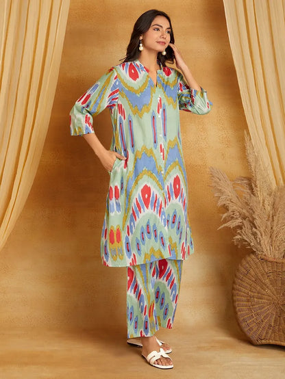 Multicolor Printed Cotton Kurta with Pants- Set of 2