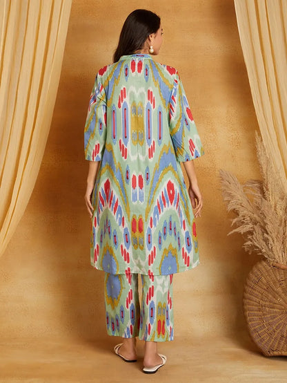 Multicolor Printed Cotton Kurta with Pants- Set of 2